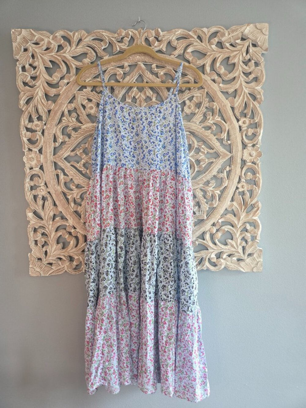 Sacred Threads 100% Cotton  multicolor floral tiered spaghetti strap maxi dress